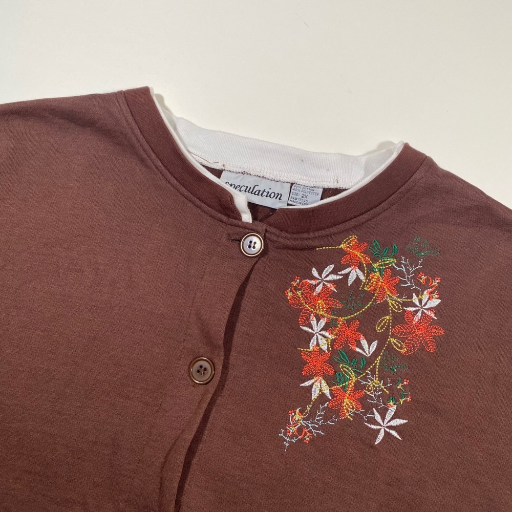 Speculation Brown Floral Embroidered Button Front Cardigan Sweatshirt Women's 2X